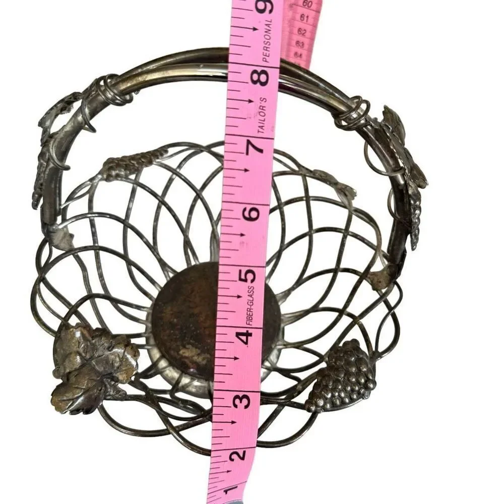 Godinger Silver Plate Open Weave Fruit Bread Bowl Movable Handle Vintage Grapes
